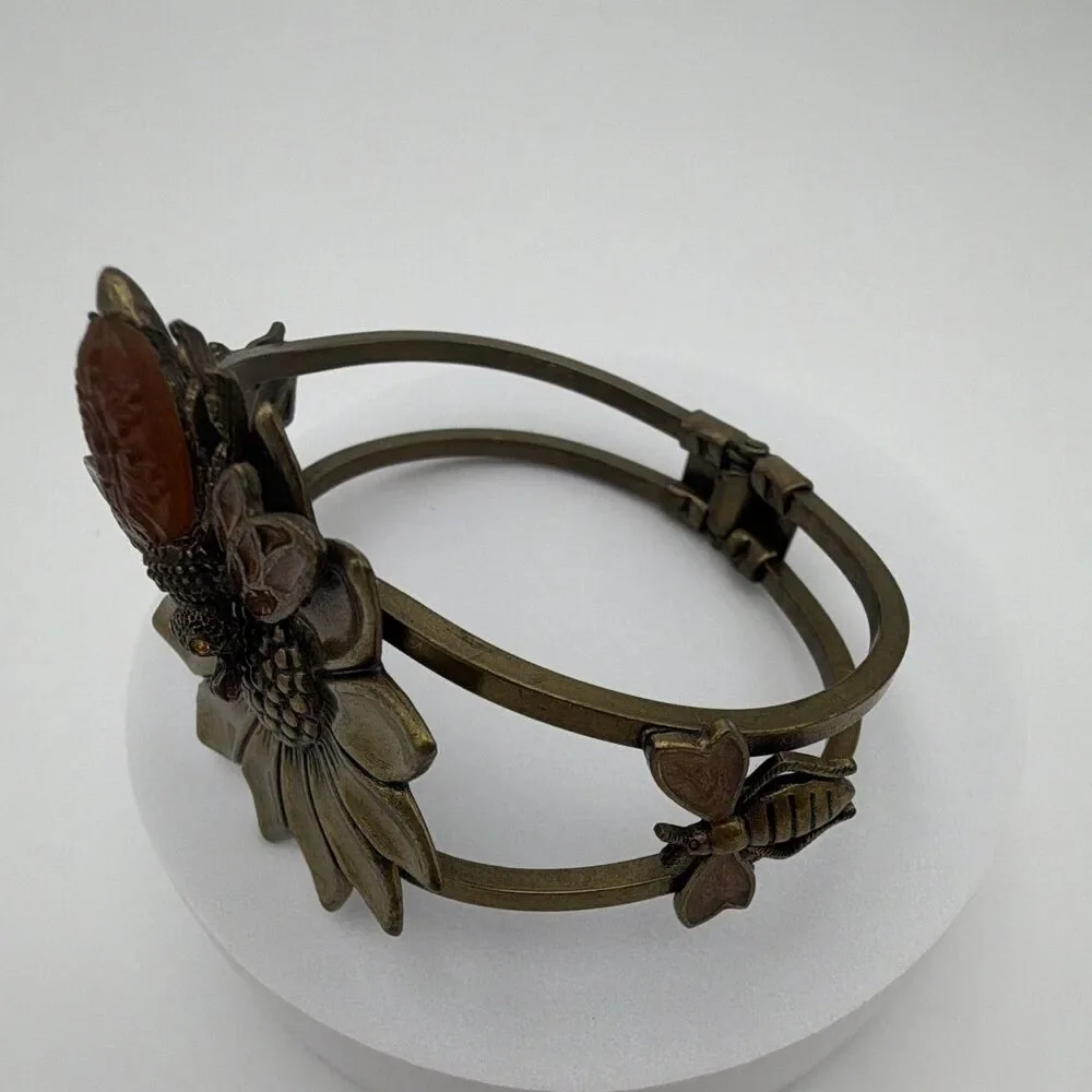 Bronze Tone Flower Bee Hinged Cuff Bracelet Metal
